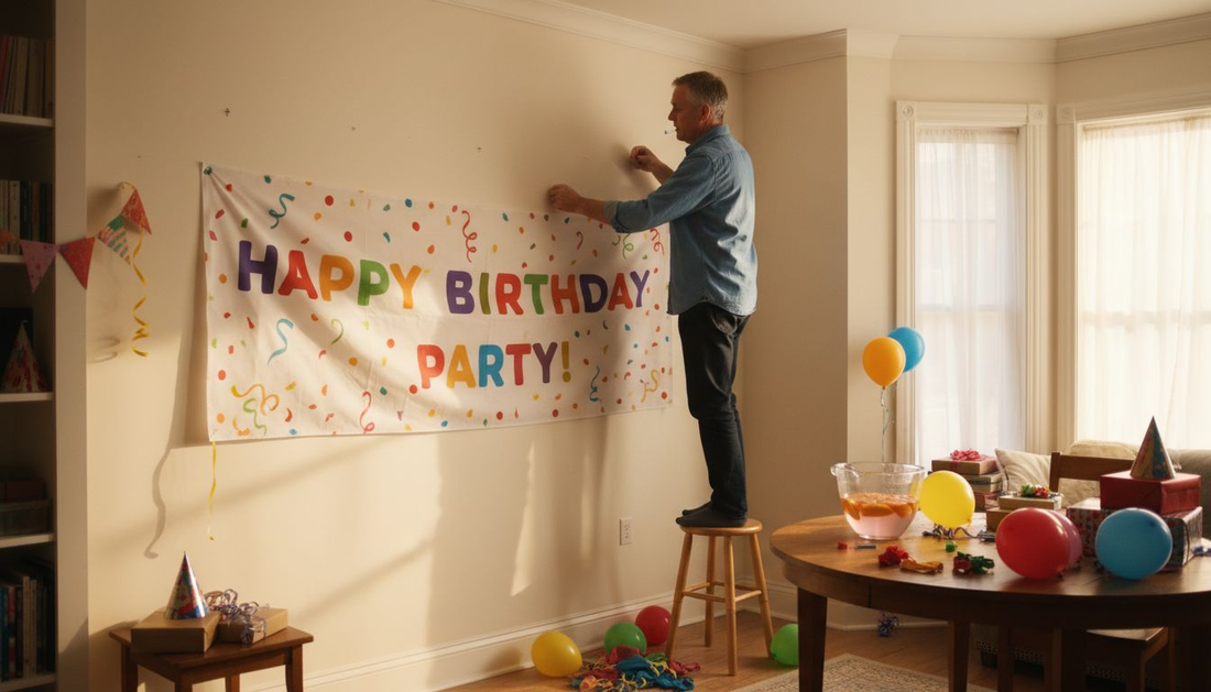 Man hanging decorated event banner at party
