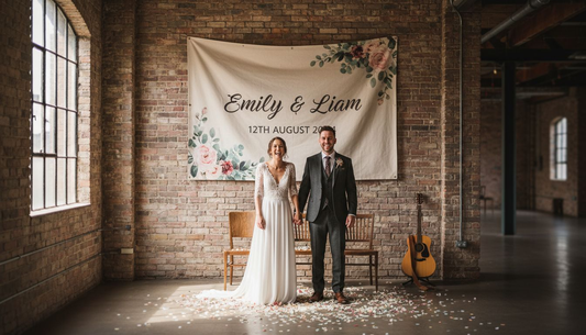 Couple standing with personalised wedding banner
