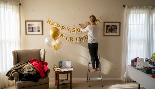 Hanging milestone birthday party banner at home
