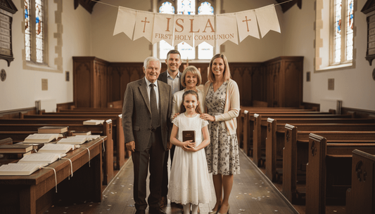 Family gathered under custom religious milestone banner