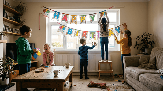 Children hanging colourful birthday party banner