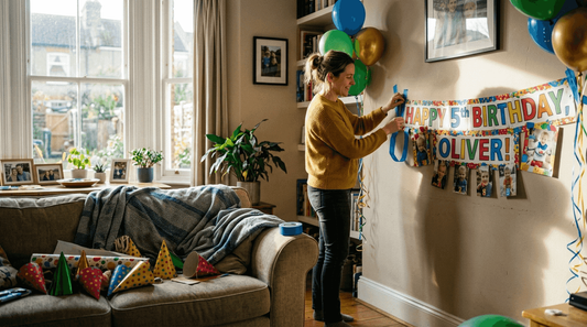 Mother hanging personalised birthday party banner