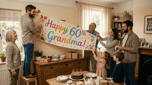 Family hangs personalized banner for birthday