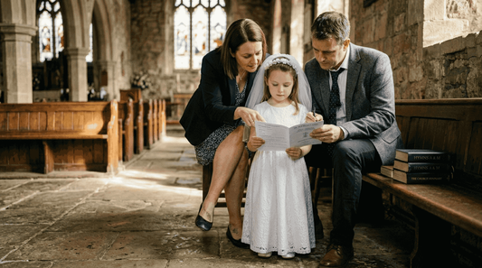 Family preparing for First Communion in church foyer