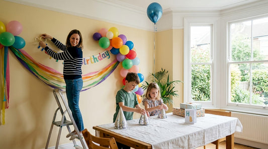 Family setting up birthday decorations at home