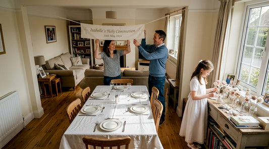Family decorating room for communion party