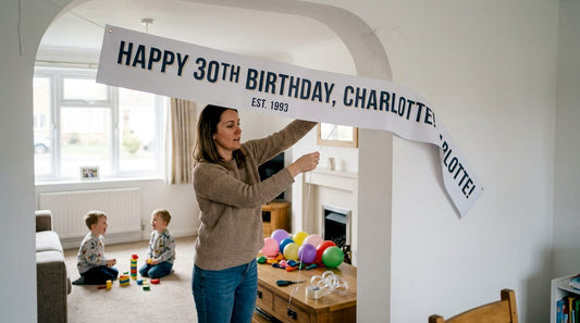 Woman hanging personalised banner at family party