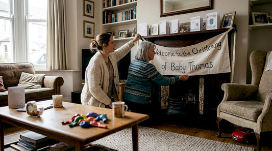 Family hangs christening banner over mantel