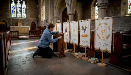 Parishioner arranging banners for Communion ceremony