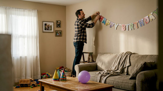 Father hangs birthday banner in living room
