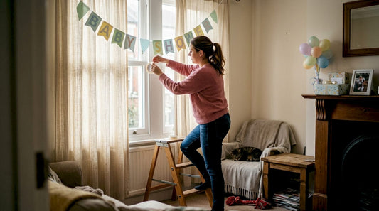 Woman hanging baby shower banner in lived-in room