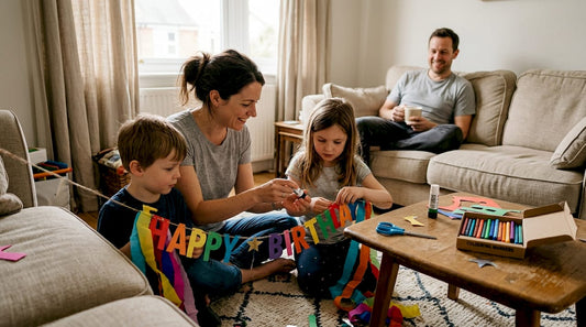 Family assembling bright banner in living room