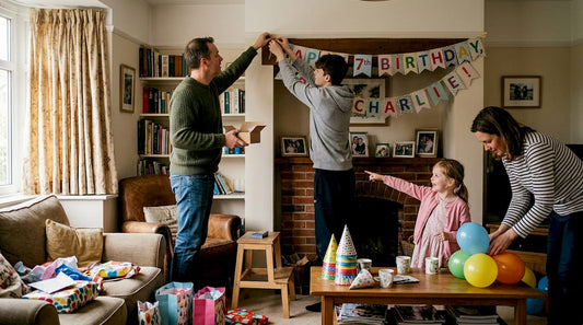 Family decorating with personalised UK party banner