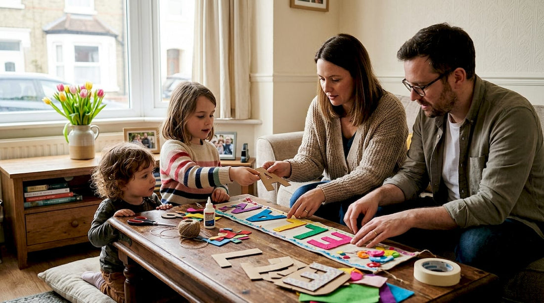 Family preparing naming day banner at home