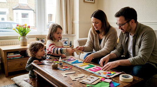 Family preparing naming day banner at home