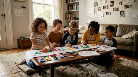 Kids making birthday banner in living room