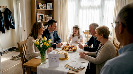 Family celebrating First Holy Communion at home
