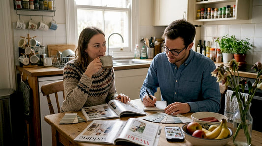 Couple planning wedding theme in kitchen