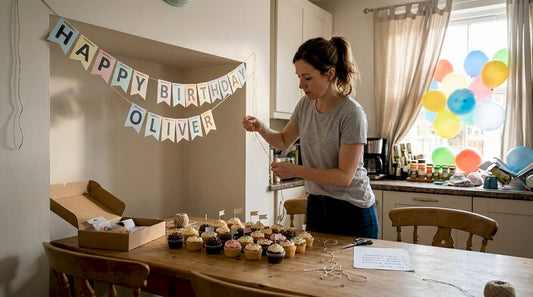 Woman hanging custom party banner at home