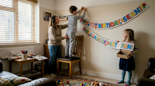 Family hanging colorful birthday banner together