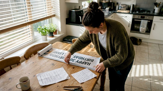 Woman measuring celebration banner at kitchen table