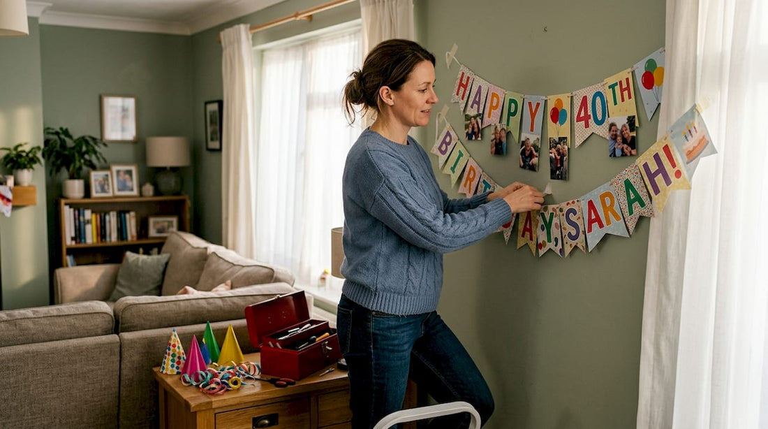Woman arranging milestone party photo banner