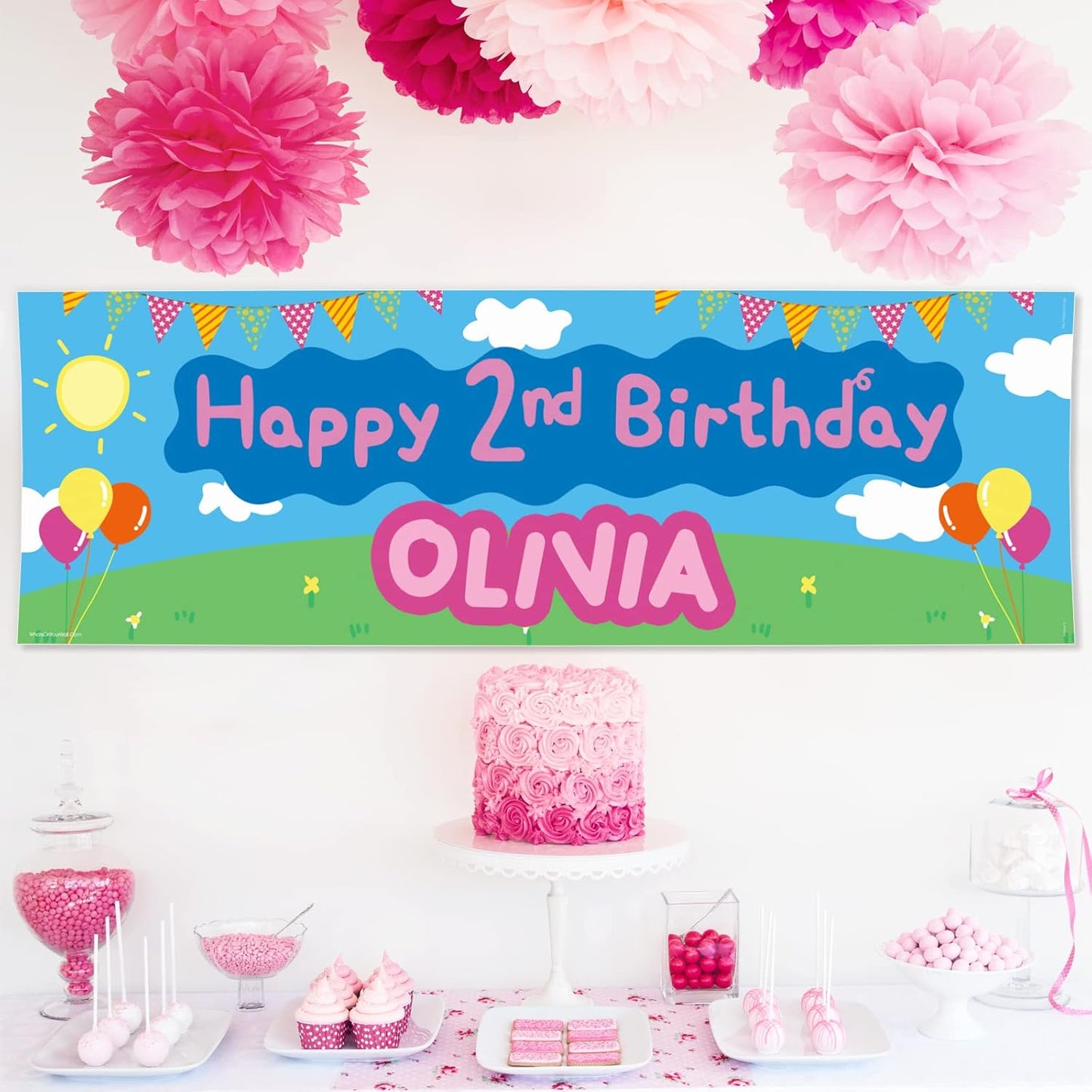 Personalised Birthday Banner - Pink In And Blue Theme