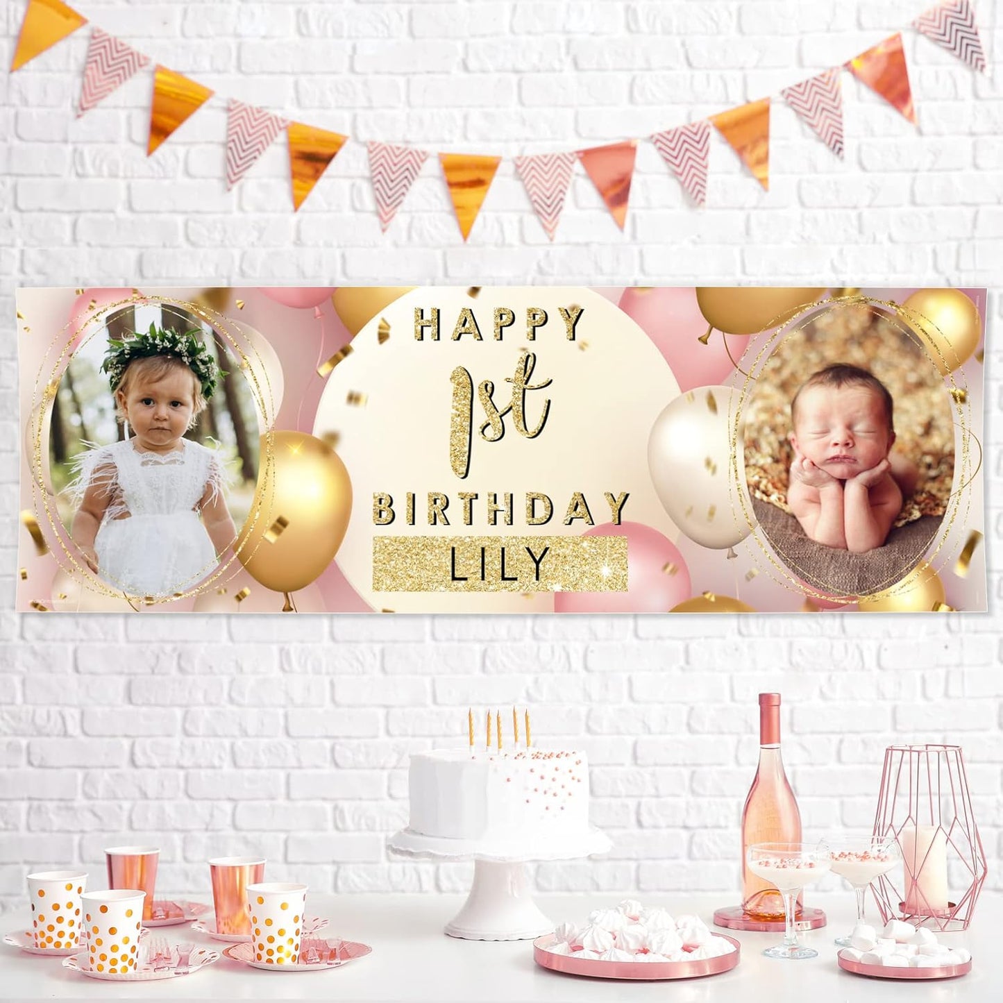 Personalised Birthday Banner - Pink Gold Bunting Theme