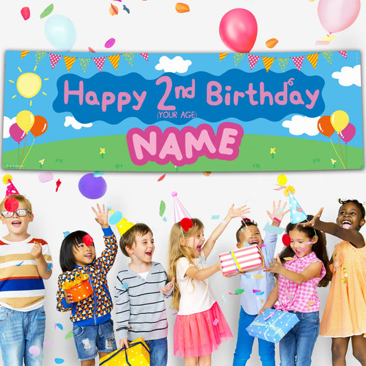 Personalised Birthday Banner - Pink Blue Cartoon Theme Theme