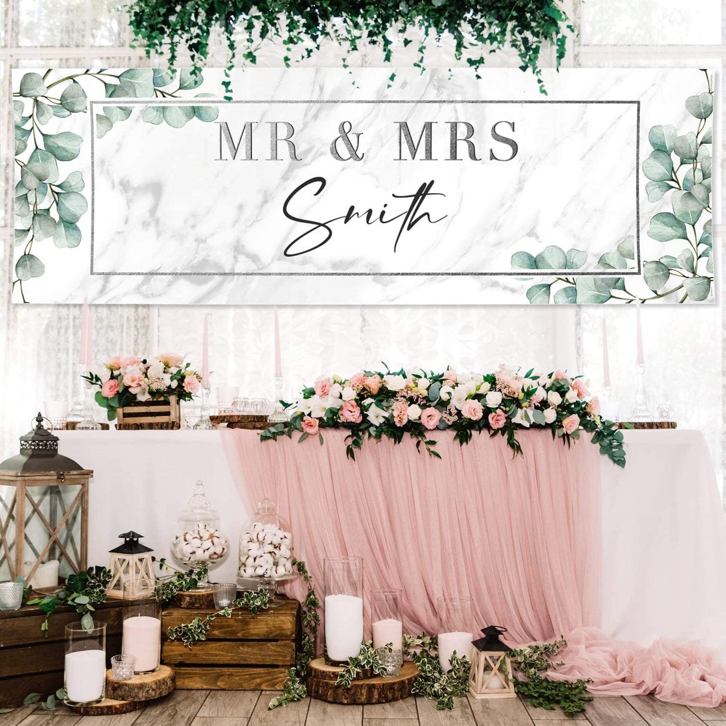 Personalised Wedding Banner - White Leaf Design Theme